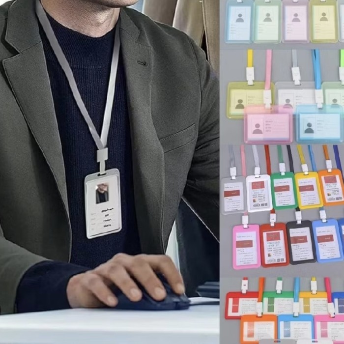 

Tali + Tempat ID Card Holder WARNA Name Tag Lanyard Gantungan Kartu Nama Plastik
