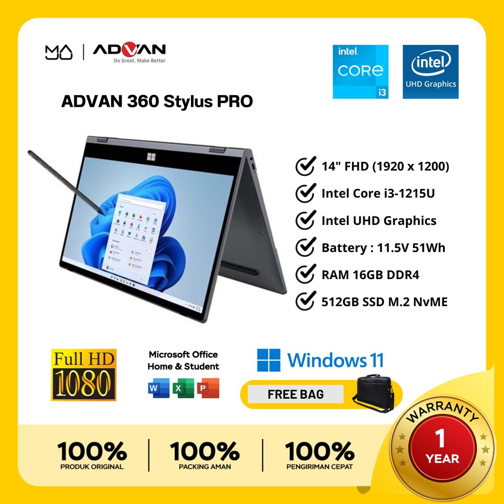 Laptop ADVAN 360 Stylus PRO Intel Core i3-1215U 14”IPS FHD Touchscreen