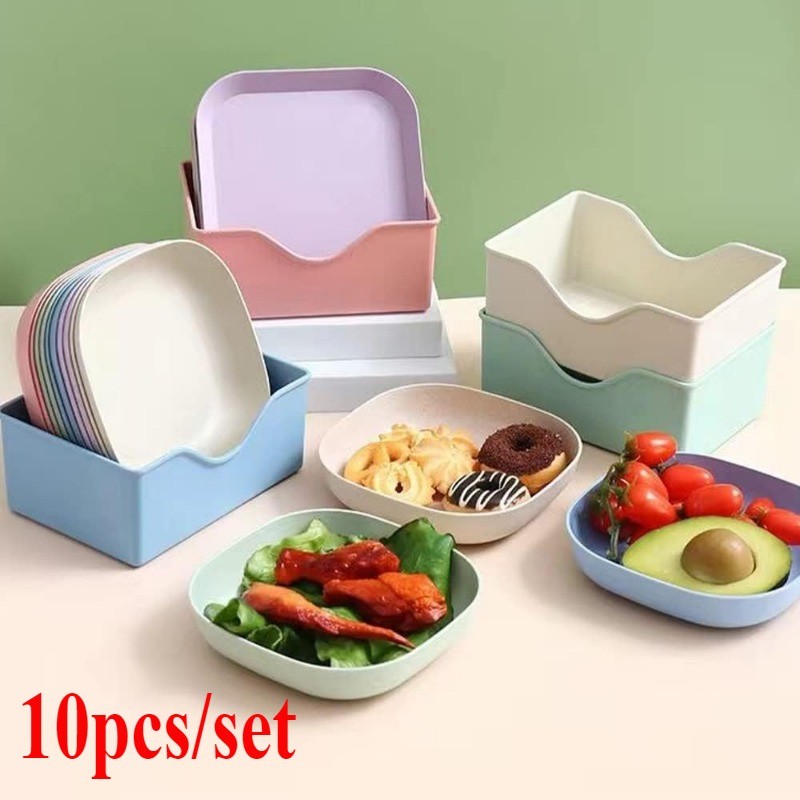 

10PCS/SET Plastic Small Disks Square Plate Set Deep Unbreakable Dinner Salad Plates Dinnerware Dishes Set Kitchen Supplies