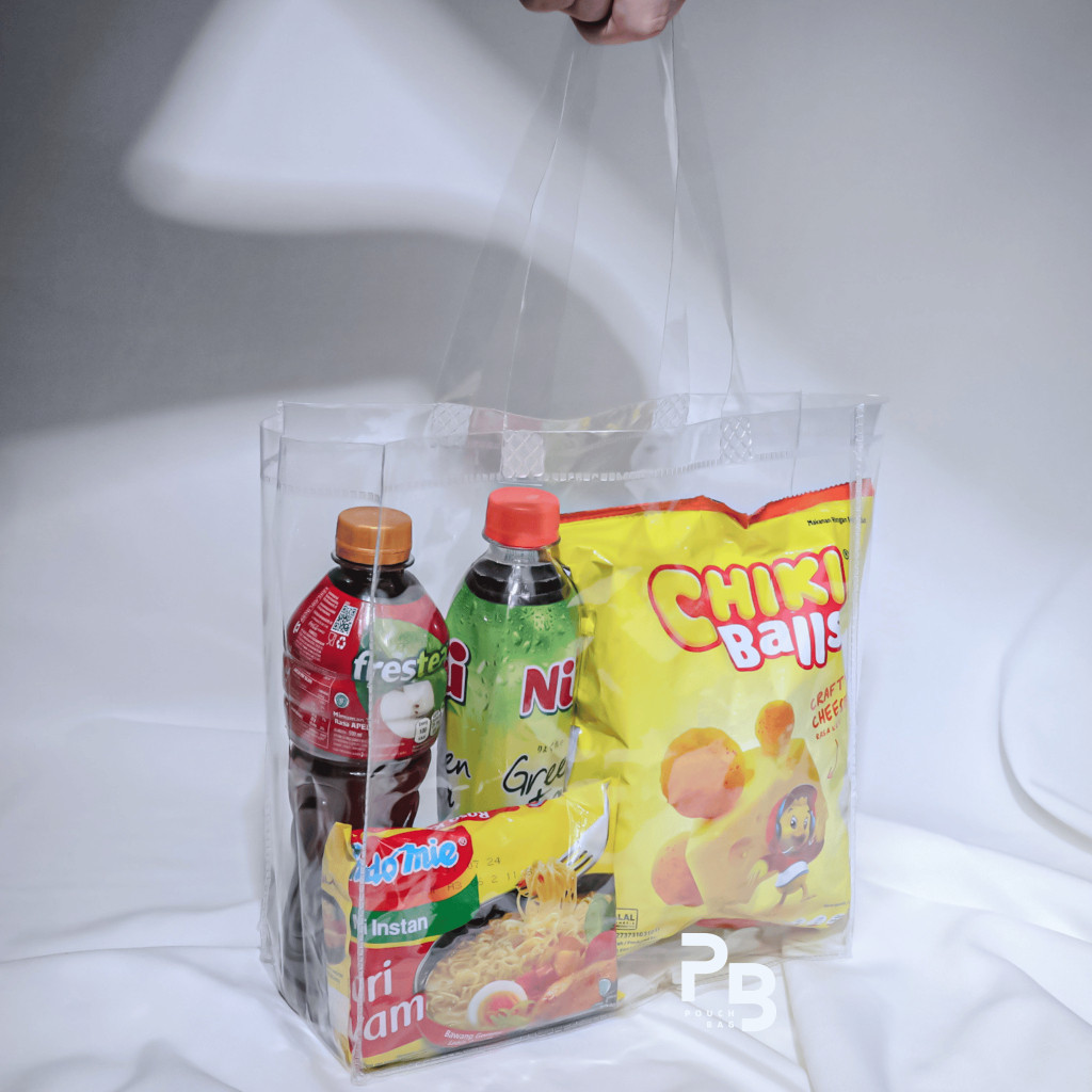 0.10 SIZE (M) TAS KANTONG TOTE BAG PLASTIK MIKA PVC TEBAL BENING SUPER TRANSPARANT MURAH ULANG TAHUN