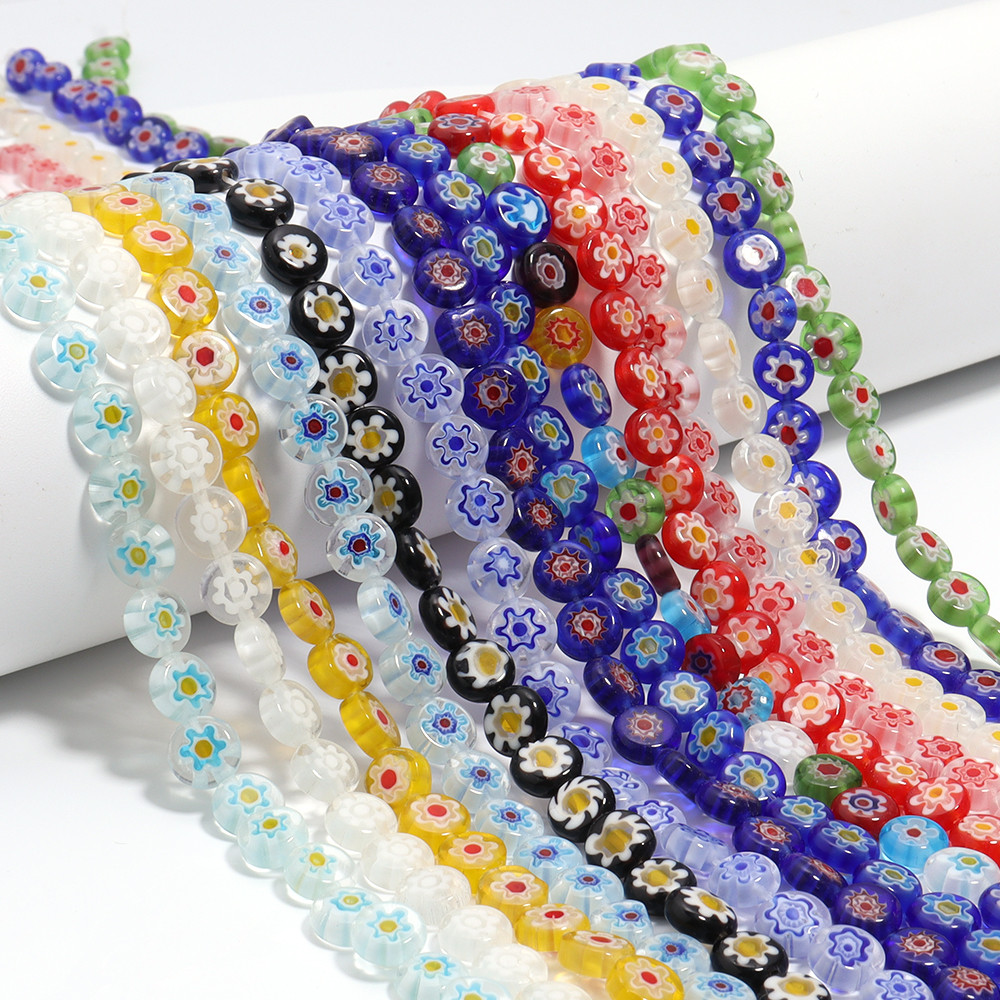 

1 Strand 6/8/10mm Flat Round Flower Beads Lampwork Beads Colorful Glass Beads For Bracelet Bangle Women Girl DIY Jewelry Making