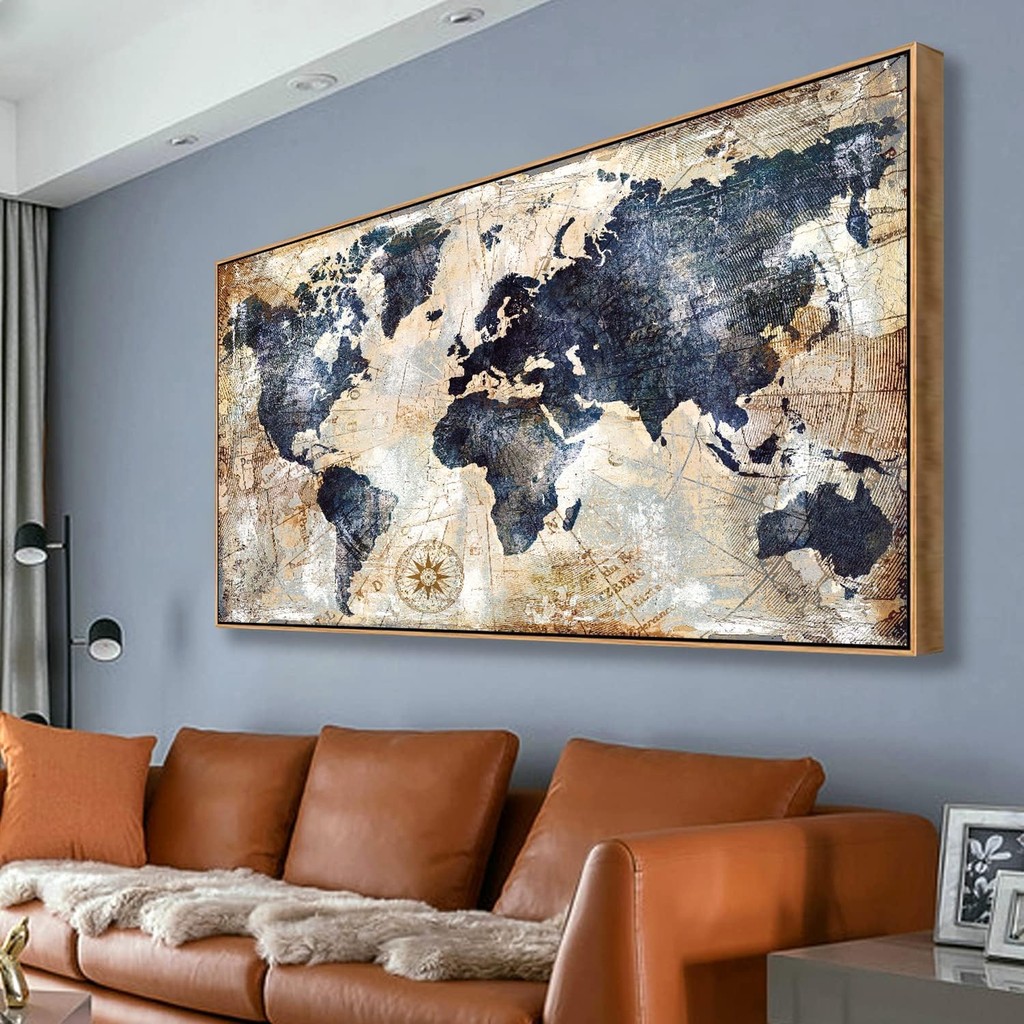 

Framed World Map Wall Art Print Nautical Map Canvas Artwork for Home Office Decor Travel Memory Picture x inch Ready to Hang