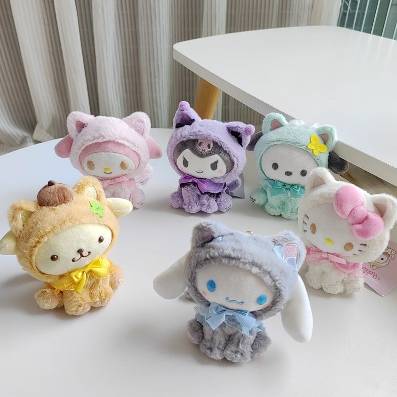 Cute Kuromi Become Cat Keychain Cinnamoroll Pacha Transforms Into Cat Plush Doll Sanrio Pendant Doll