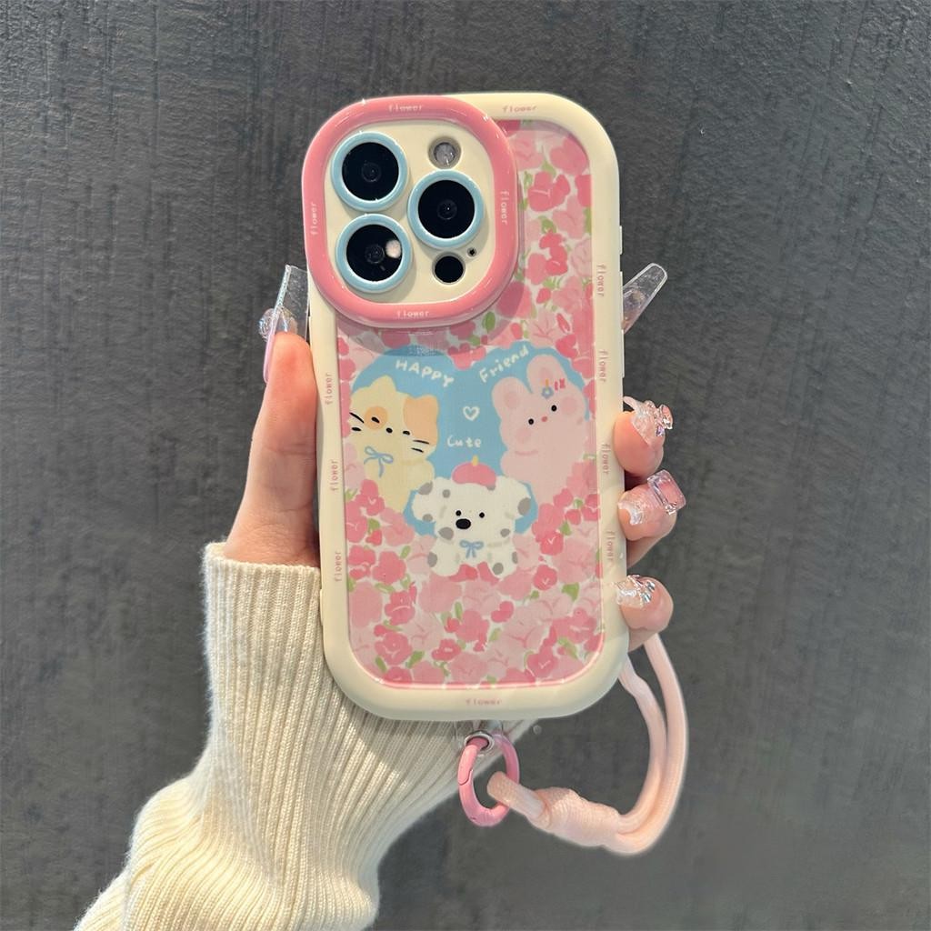 case  iPhone 13 Bunga binatang dengan tali tangan Casing ponsel cocok untuk  iPhone 11/11PRO/12/13/1