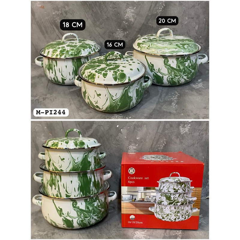 (GTT) PANCI SET MOTIF PI244 / PANCI ISI 3 / Panci ENAMEL SET BLURIK CALYPSO 3PCS enamel casserole se