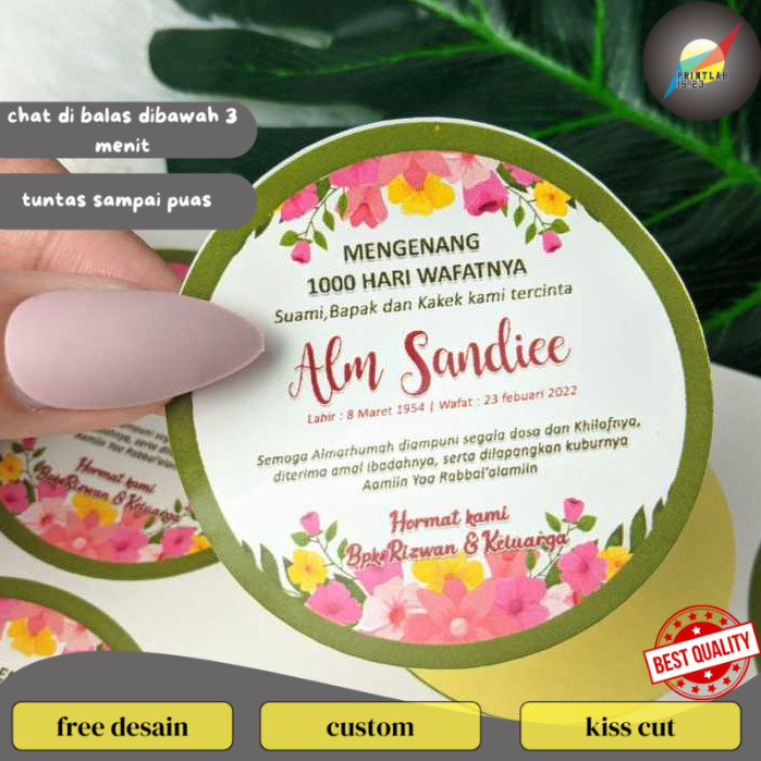 

PrintLab Print Cetak Sticker Mengenang Bulat Stiker Tahlil Wafat Chromo 7 40 100 1000 Hari Bandung
