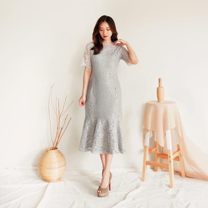 NEW -Midi Dress Brokat Pesta Kondangan HEYON / Dress bridesmaid brukat Gereja Natal - ABU, L