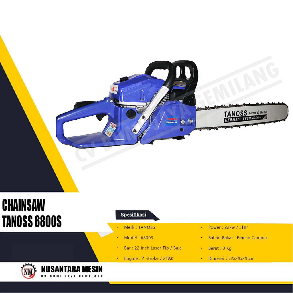 MESIN GERGAJI KAYU / CHAINSAW TANOSS 6800S - BAR 22 INCH LASER TIP
