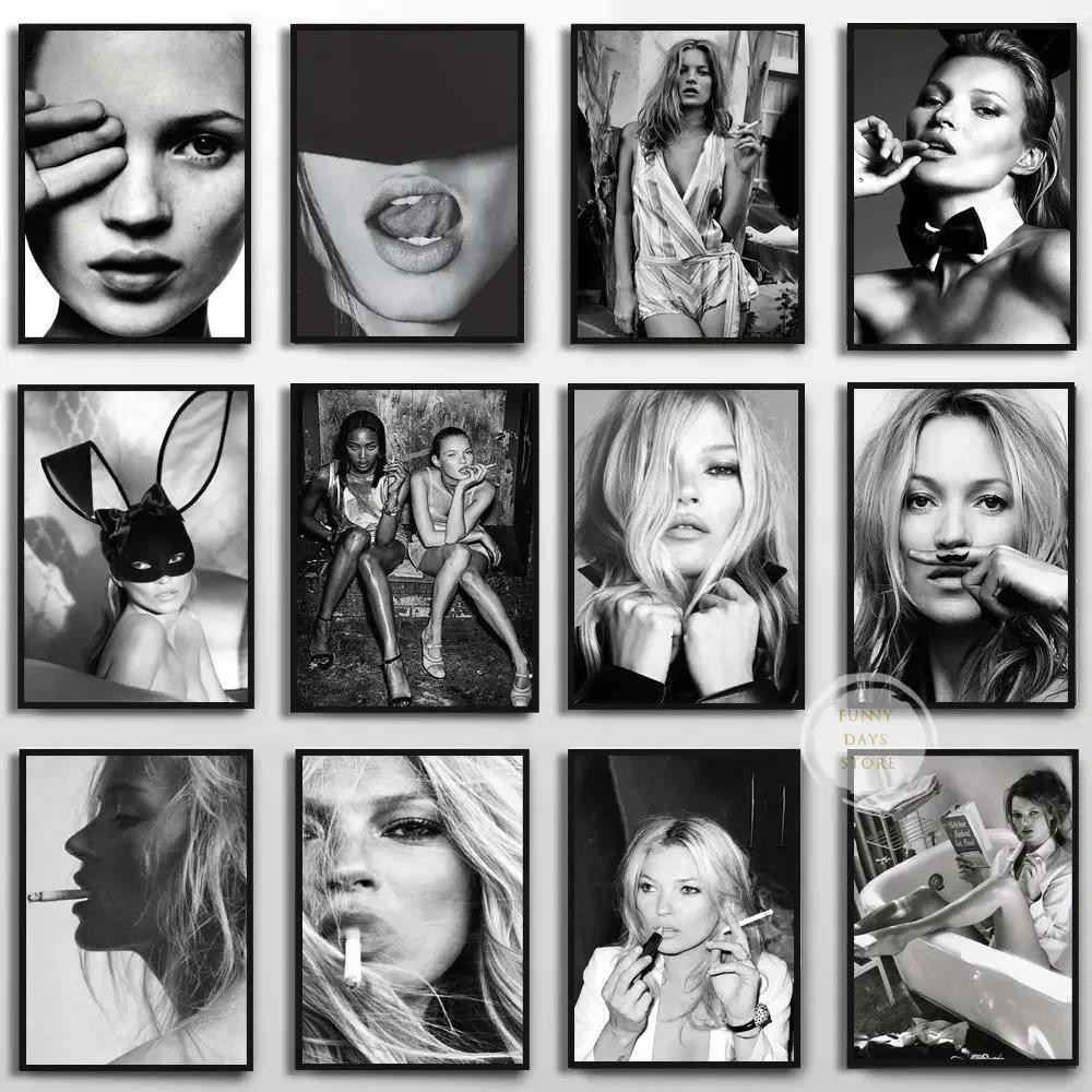 

Vintage Sexy Supermodel Kate Moss Poster Smoking Canvas Painting Print Wall Art Feminist Fashion Wall Art Picture Room Decor