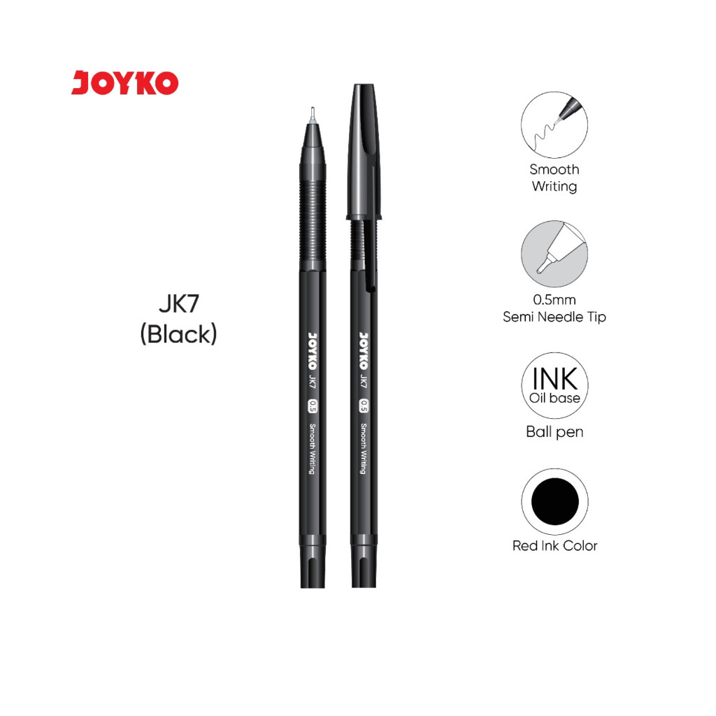 

Pulpen Joyko JK7 Tip 0.5 mm Semi Needle Tip Ball Pen Joyko Original Tinta Hitam Isi 12 Pcs - LUSINAN