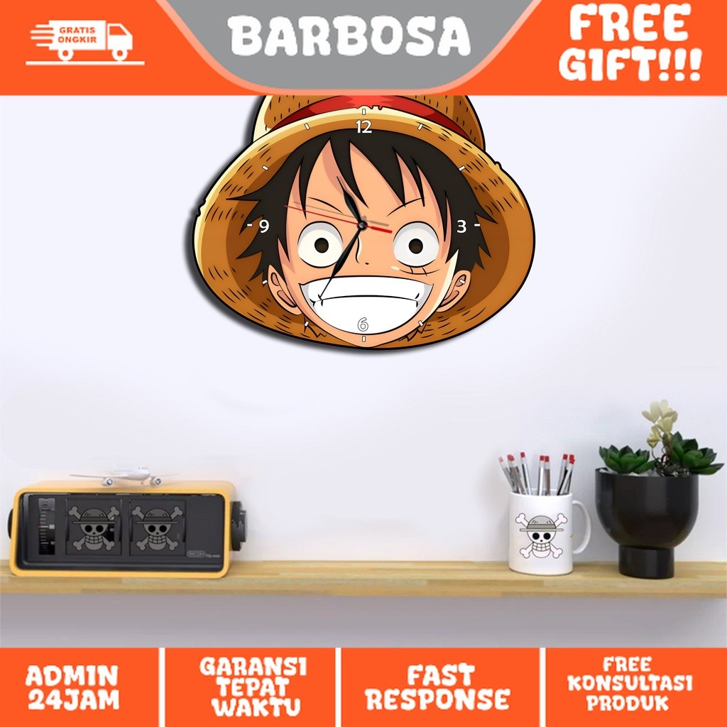 Jam Dinding Kayu Ukir 3D Design Anime OnePiece Dekorasiku