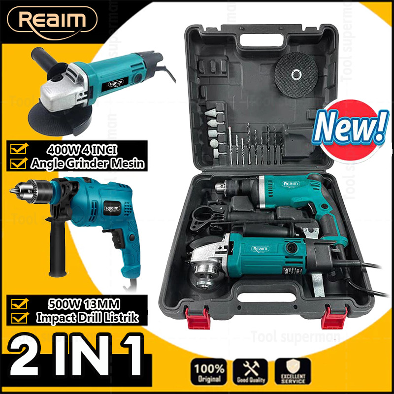 Reaim Mesin Gerinda Tangan dan Mesin Bor Listrik 13mm  2 in 1 Bor Paket Gerinda Power Tools Set Geri