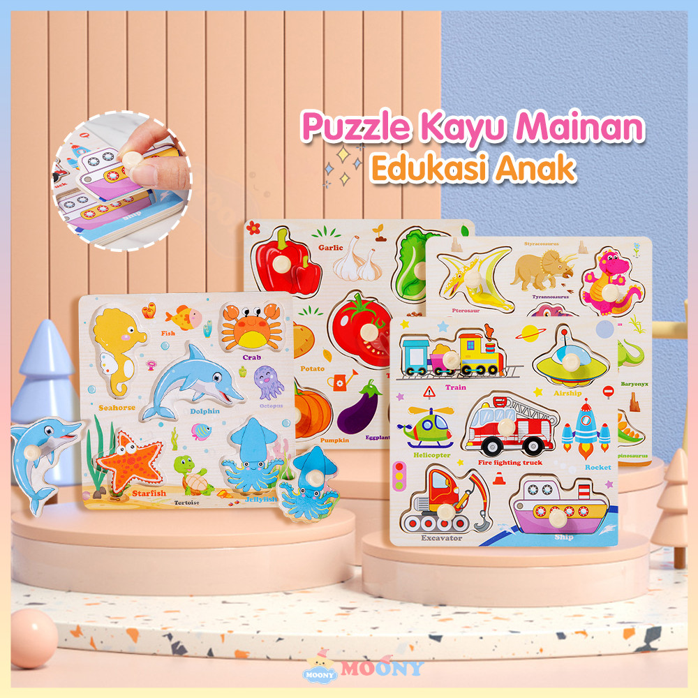 Moony Puzzle Kayu Puzzle Kayu Anak Mainan Anak Puzzle Knob Kayu