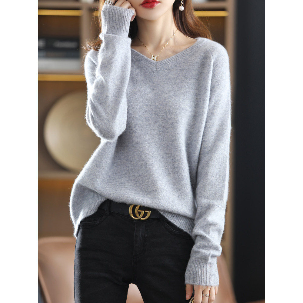 

100% Pure Wool Lazy Wind Loose Large Size V-Neck Pullover Women's Spring And Autumn Casual All-Match Cashmere Sweater Sweater116