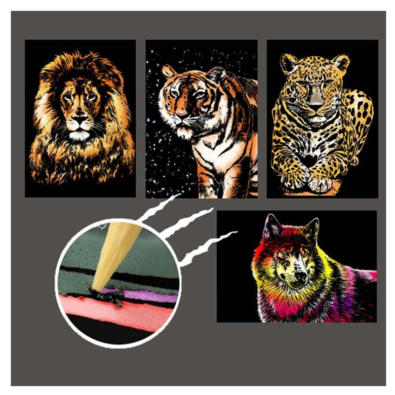 

21*29cm 4PC DIY Scratch Paintings Card Landscape Animal Handmade Home Decor Picture Creative Gifts decompression Drawing Toys