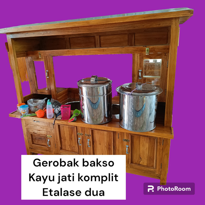 gerobak bakso dua etalase kayu jati komplit