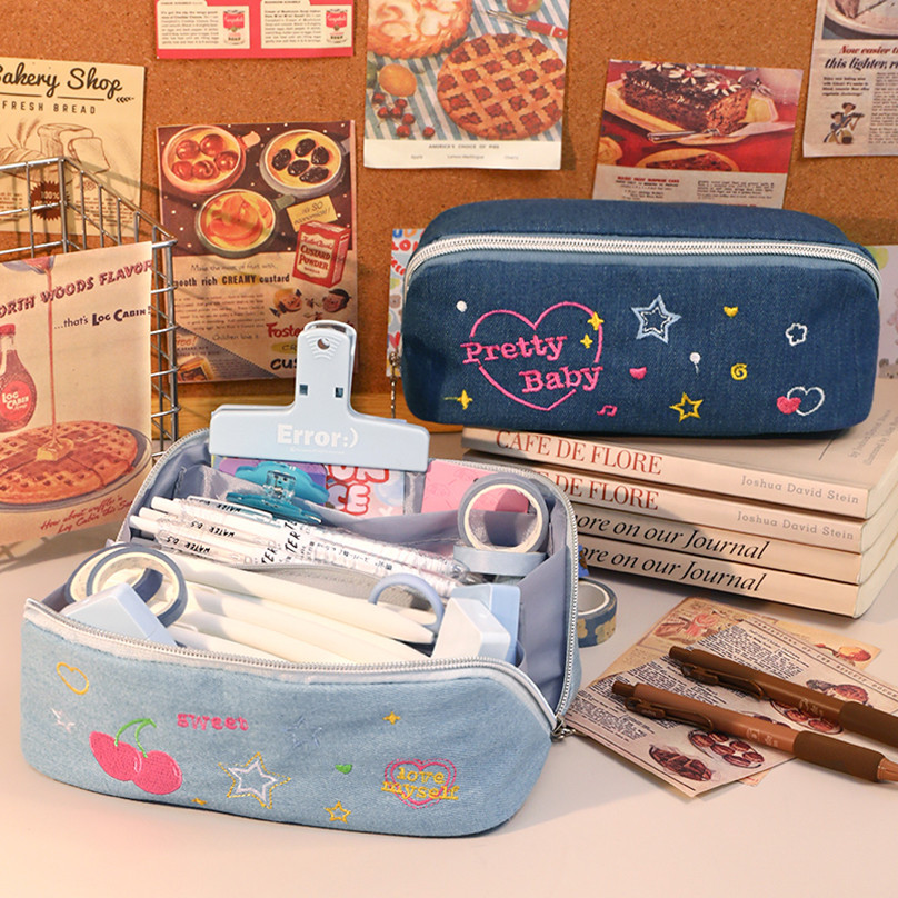 

Denim Blue Pencil Case Estuches Escolares Stationery Pencil Cases For Girls Large Capacity School Supplies Kalemlik Pencil Pouch