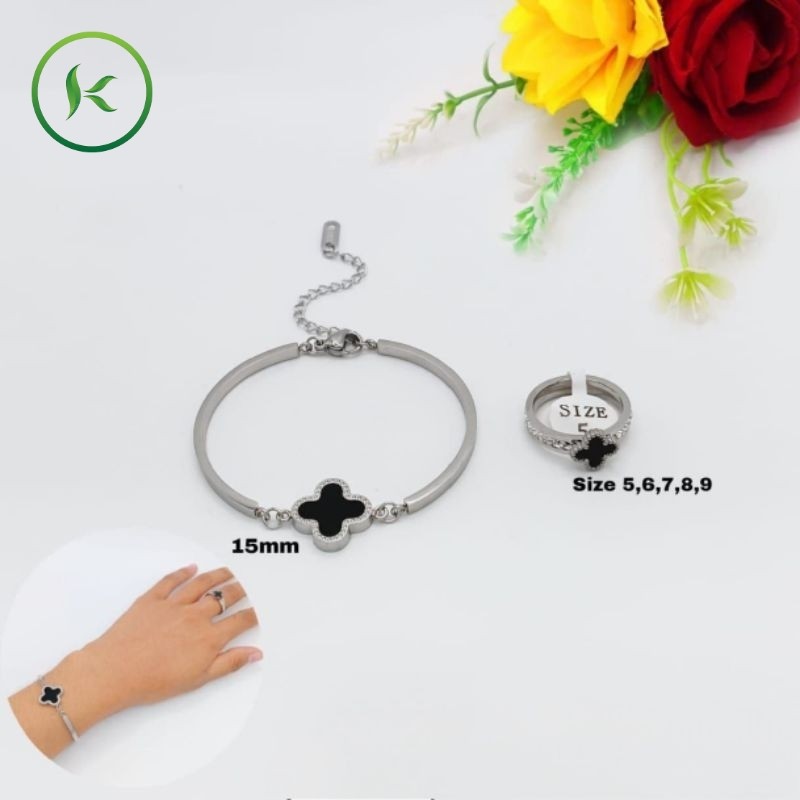 Set Gelang+Cincin Patah Clover Titanium Anti Luntur