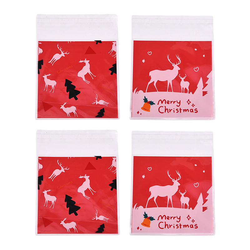 

100Pcs Merry Christmas Self Adhesive Bag Biscuit Candy Snack Packaging Bags Cartoon Xmas Tree Elk OPP Self Sealing Bag