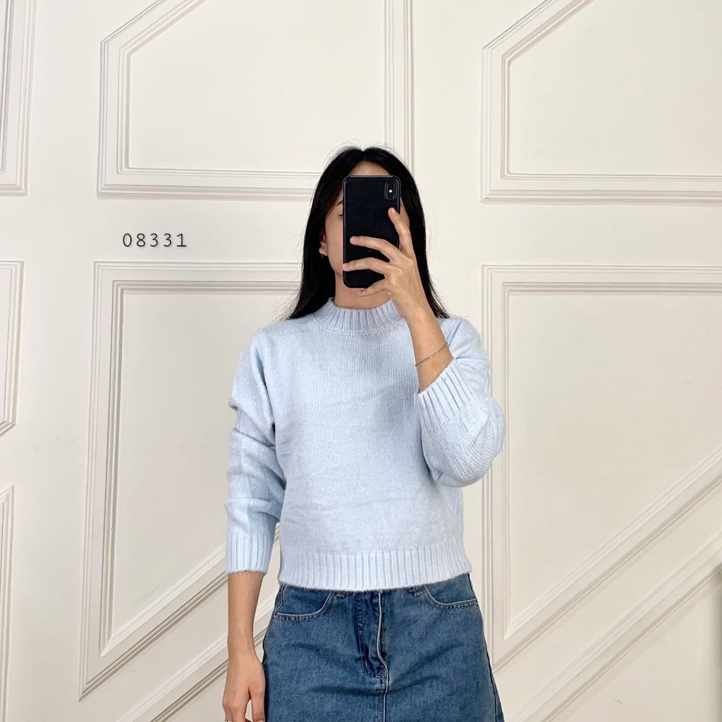 08331 SWEATER CROP RAJUT POLOS BASIC LENGAN PANJANG VARIASI MIX GLITTER PREMIUM WANITA ATASAN POTONG