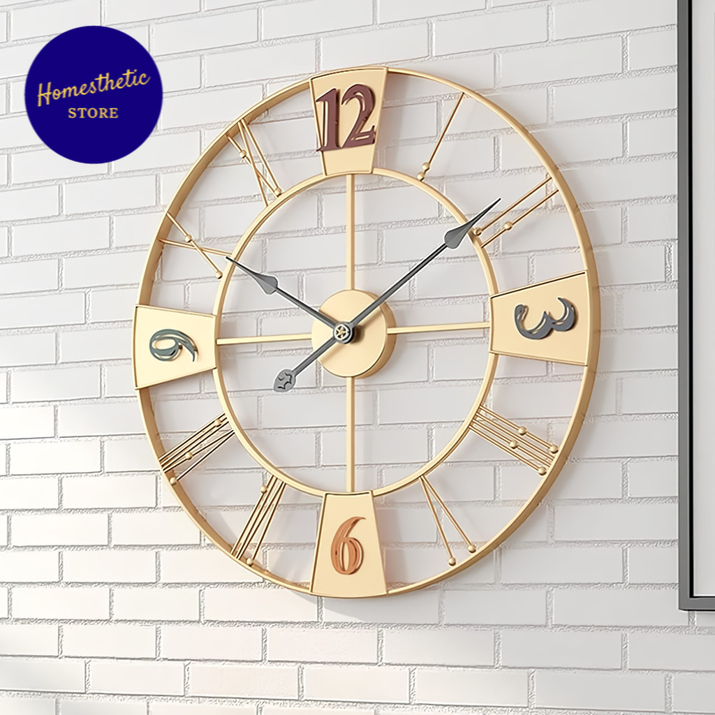 Jam Dinding Besi Metal Bulat Clock Quartz Silent Movement 60 cm Bergaya Retro Vintage Industrial Ang