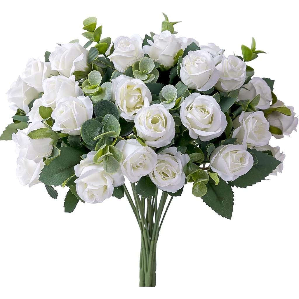 

10 Heads Artificial Flower Silk Rose white Eucalyptus leaves Peony Bouquet Fake Flower for Wedding Table Party Vase Home Decor