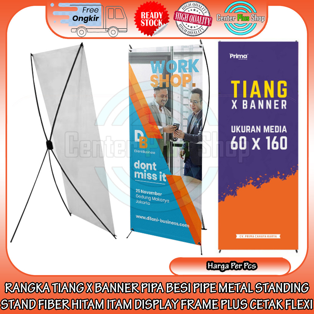 Rangka Tiang Standing Stand Baner Pipa X Banner 160 x 60 Ex Besi Metal Fiber Hitam Itam Display Fram