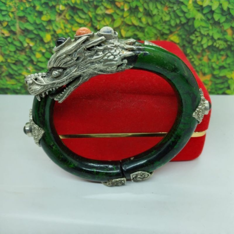 GELANG AKAR BAHAR HIJAU KEPALA NAGA PERAK BERMAHKOTA BATU MULI4