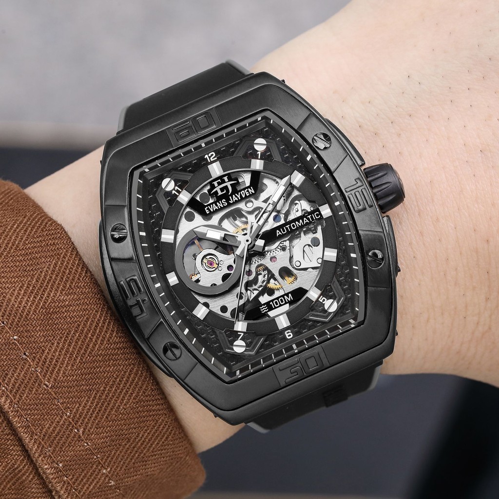 jam tangan  Evans Jayden Jam Tangan Pria 9563 Rubber Automatic Kaca Safir Chrono10 ATM