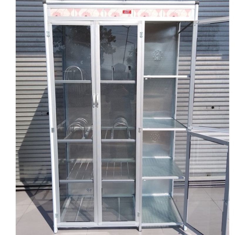 [MYMEBEL88] Rak Piring 3 Pintu Kaca Polos Hitam - Lemari Sayur Kaca - Lemari Piring Kaca 3 Pintu