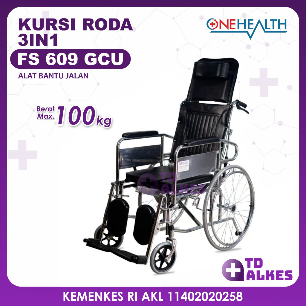 OneHealth Kursi Roda 3in1 FS609GCU Wheel Chair Tidur Duduk BAB 3 in 1