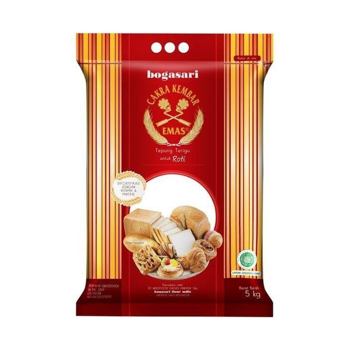 

Tepung Terigu Bogasari Cakra Kembar Emas Roti 5 kg