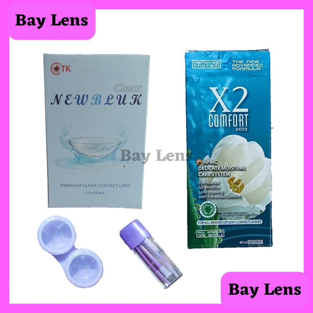 Paket Softlens Minus Newbluk Clear Diameter 14,2mm + Air Softlens X2 60ml + Pinset + Lenscase