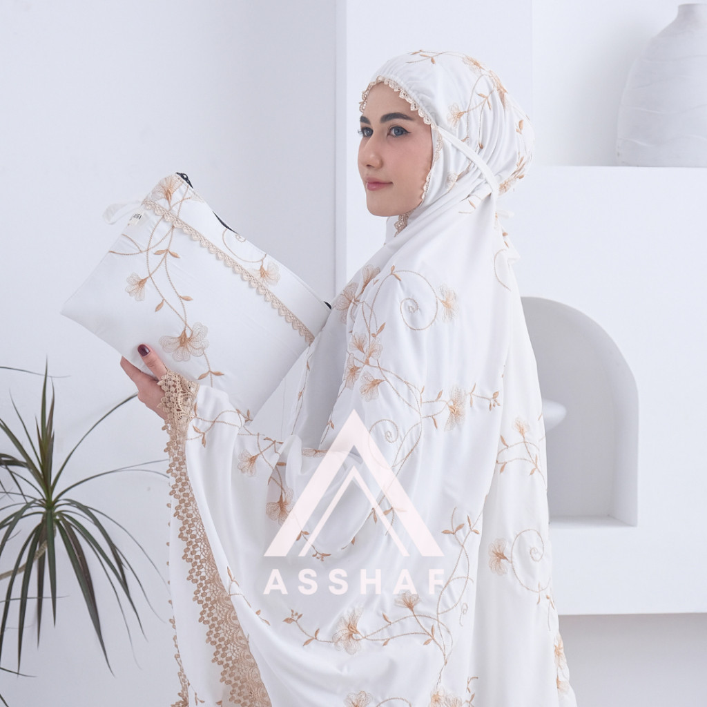 BAHAN PREMIUM / ASSHAF - Mukena Dewasa Katun Premium Bordir Bunga Amarilis Renda Mewah