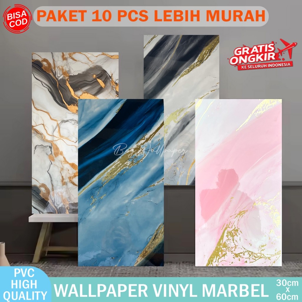 10 Lembar Wallpaper Dinding VINYL Marble 30 x 60 cm / Sticker Keramik Lantai 60x60