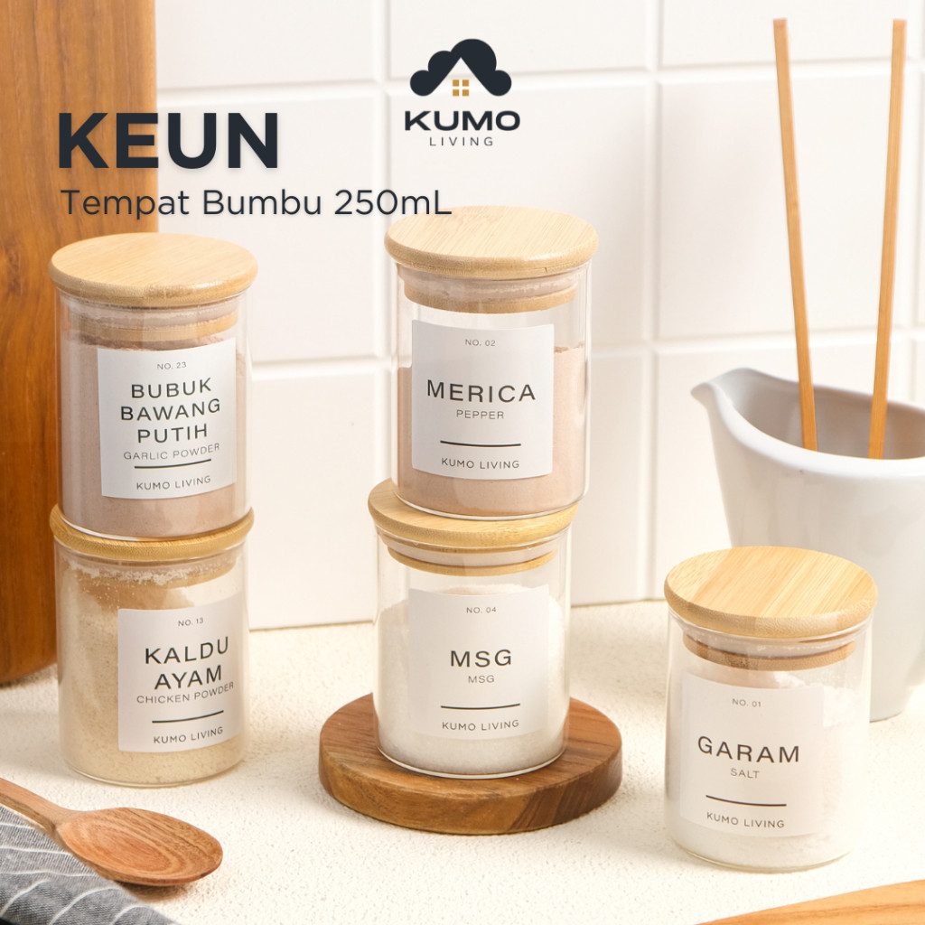 

New Kumo Living Keun Toples Tempat Wadah Penyimpanan Jar Bumbu Dapur Kaca Transparan Set Tutup Kayu Anti Tumpah Awet Anti Lembab Tutup Kayu 250 mlPremium