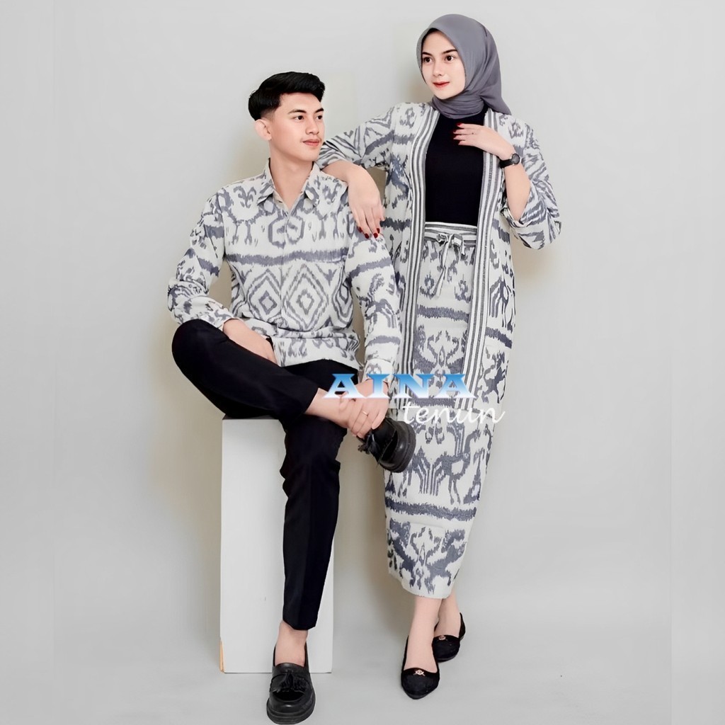 READY STOCK BAJU COUPLE TENUN MADAM WHITE GREY OUTER DAN ROK TENUN NTT BAJU TENUN COUPLE BAJU KONDAN