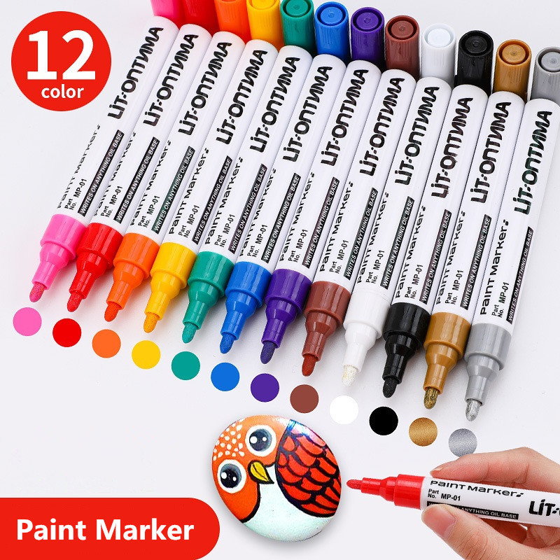 

12 Colors Paint Pen Car Tire Stone CD Glass Drawing Waterproof Permanent Fast Dry Marker School Office Supply Student Stationery