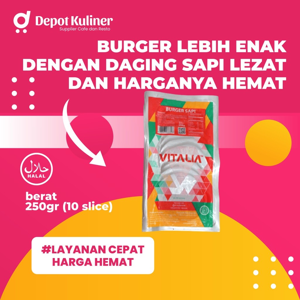 

Vitalia Daging Burger Sapi 250 Gr Isi 10 Slice - Beef Patties Vitalia