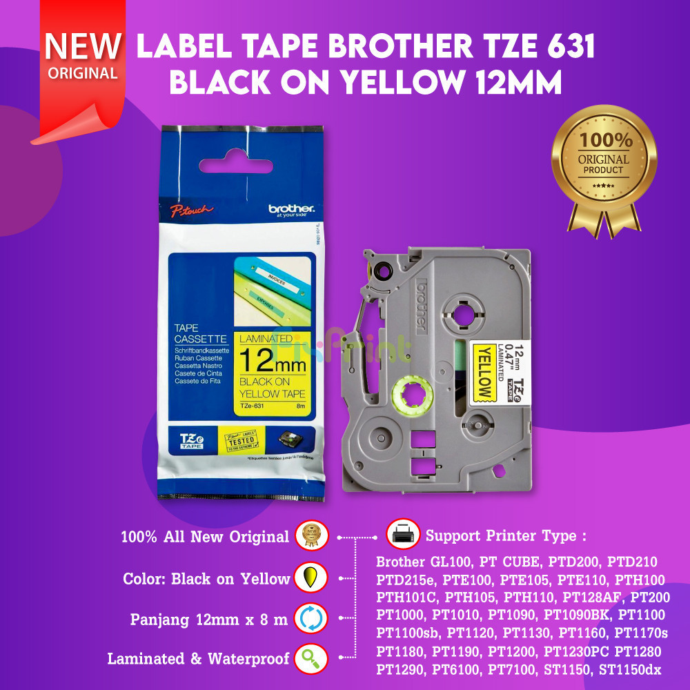 FixPrint Label Tape TZE-631 Black On Yellow 12mm PTE110 PTH100 ORIGINAL