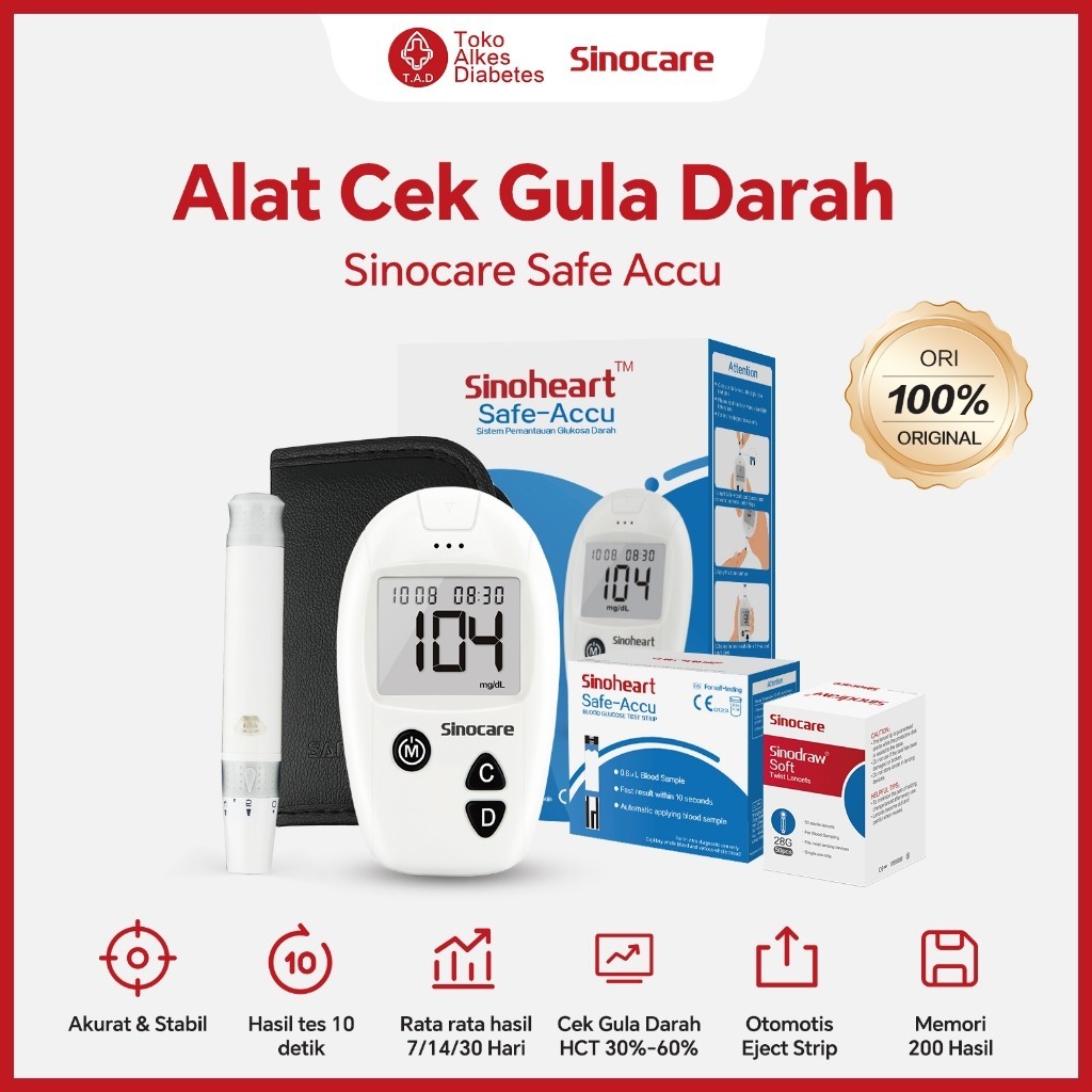 Sinocare Alat Tes Gula Darah Safe Accu Instant BGM 200 Memori HCT 30-60%