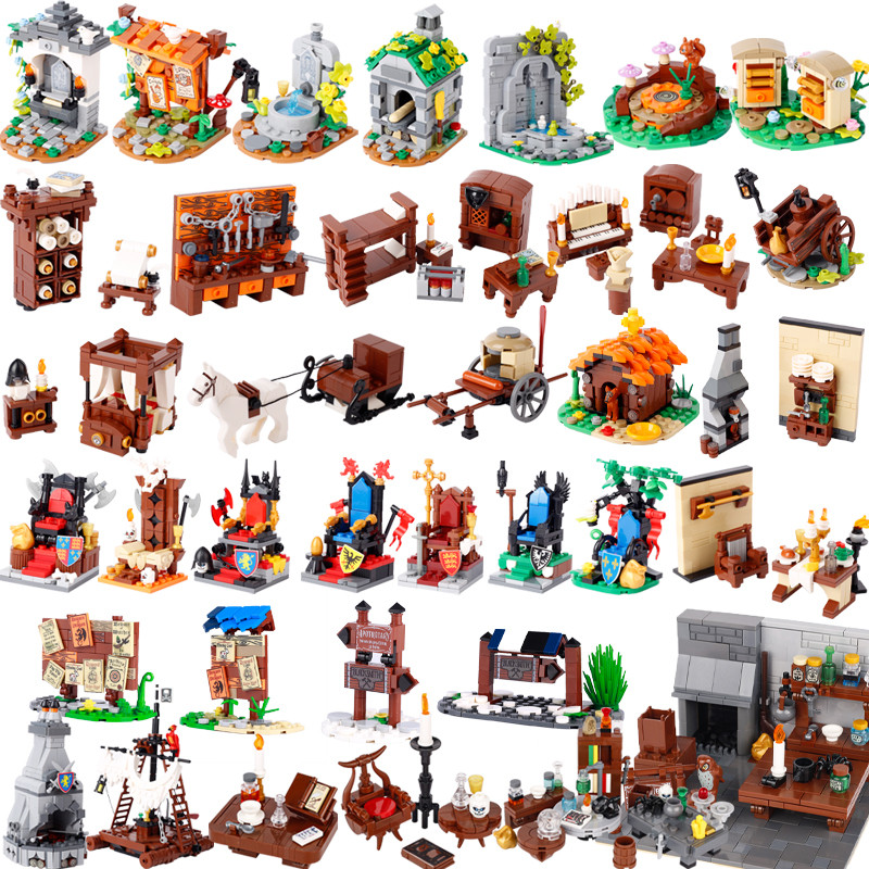 MOC Medieval Military Series Building Blocks Castle Bulletin Board Witch Furniture Throne Fountain B