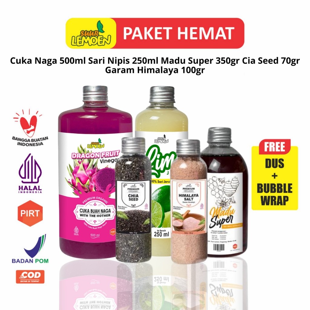 

Paket Diet dan Detox 5in1 SMAL - Paket Hemat Cuka Buah Naga, Sari Nipis, Chia Seed, Madu Hutan, Garam Himalaya Bpom Dan Halal