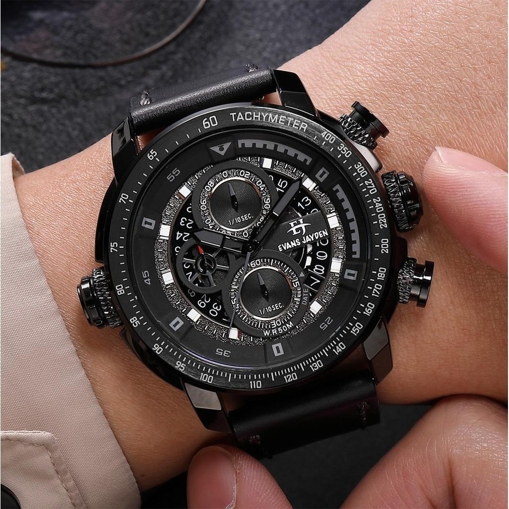 Trendy Buy 1 Get 1 jam tangan   Evans Jayden Jam Tangan Pria 9466 Kulit Kaca Sapphire Chronograph Wa