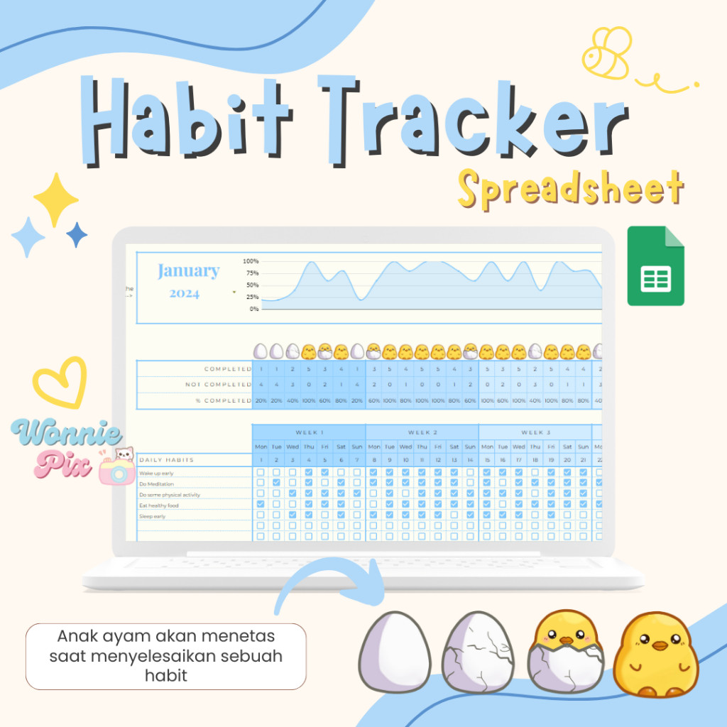 

Brikfid.pro Habit Tracker Spreadsheet - Chick Egg | Daily Weekly Monthly Habit Planner | Goal Planner | Digital Dashboard | Simple Tasks Planner Termurah
