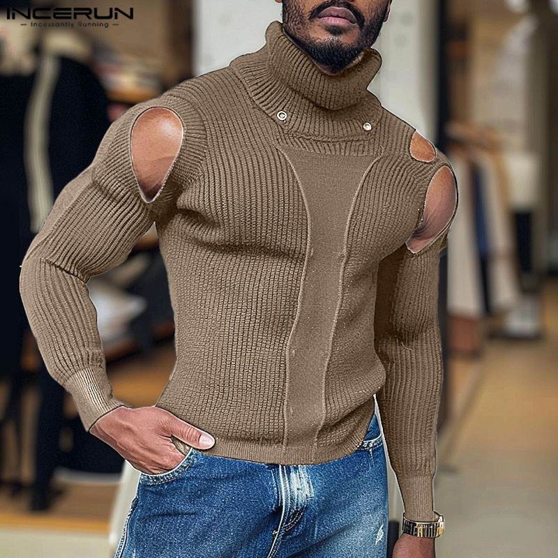 INCERUN Men Sweaters Solid Color Knitted Hollow Out Turtleneck Long Sleeve Pullovers Streetwear 2024