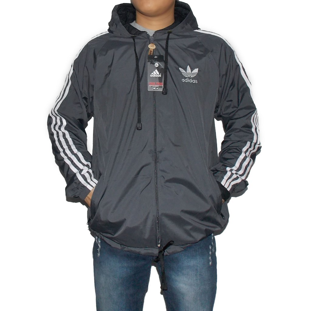 Promo JAKET PARASUT ADIDAS WINDBREAKER ABU LIST PUTIH SIZE M L XL XXL - JAKET PRIA JUMBO WINDRUNNER 