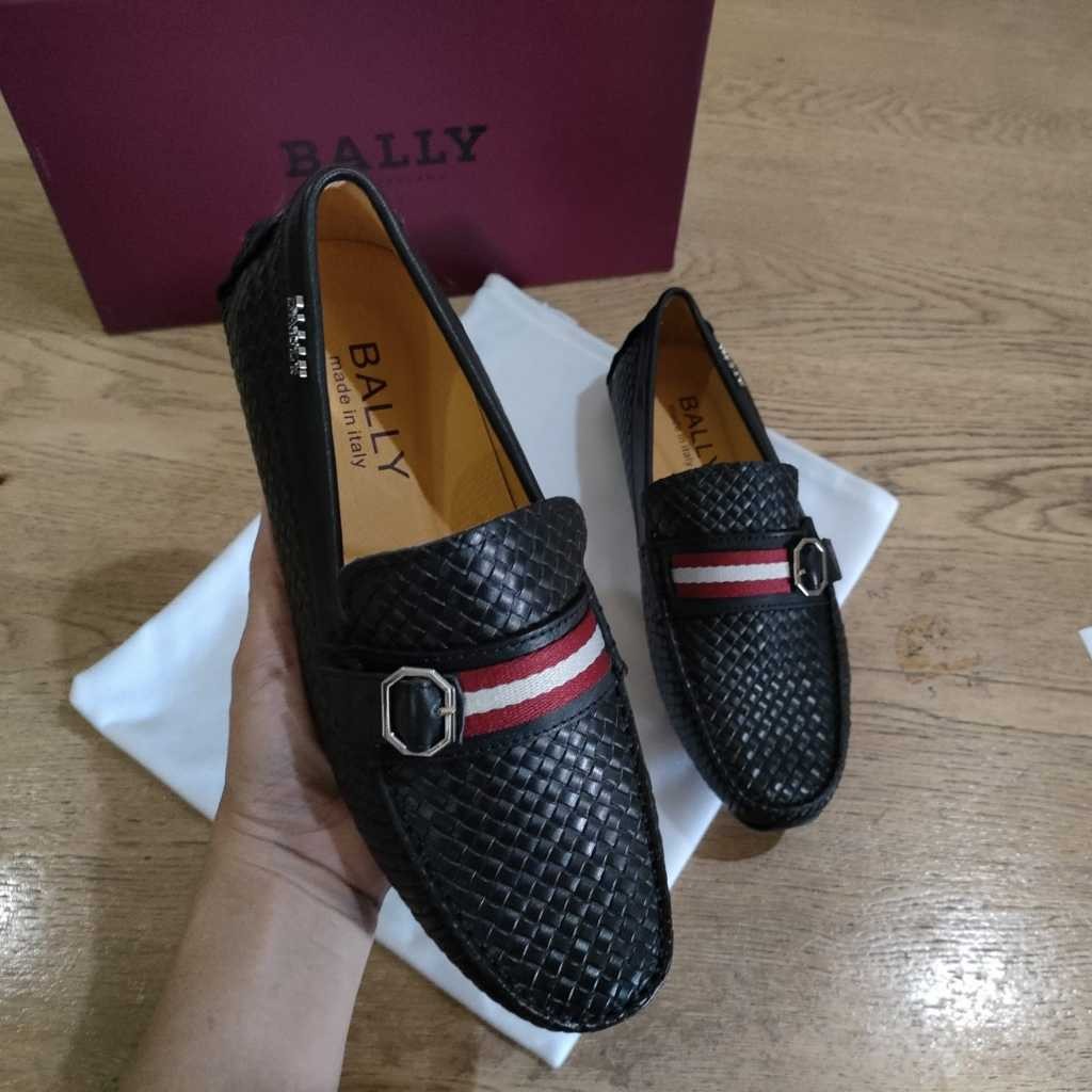XH20 sepatu loafer BALLY hitam pria loafers cowok branded tanpa tali