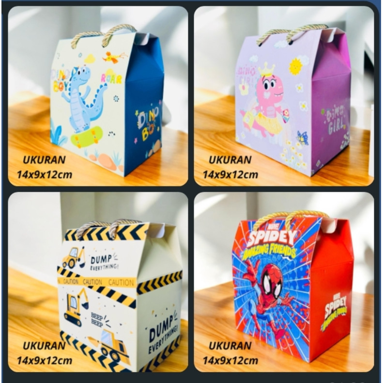 

PAPER BAG GOODIE BAG TAS SNACK SOUVENIR KADO PESTA ULANG TAHUN ANAK MOTIF DINO DINOSAURUS BEKO EXCAVATOR SPIDERMAN