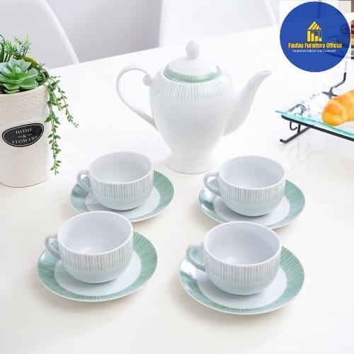 BEST QUALITY Set Teko Teh/Teko Kopi Bahan Procelain + 4 Gelas Dan Tatakan _Hijau